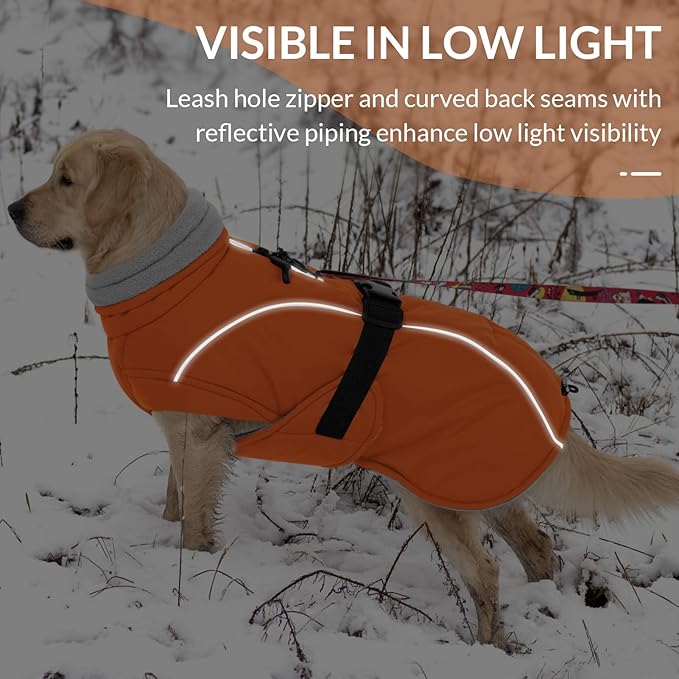 Queenmore Winter Dog Coat Warm Dog Jacket Vest Waterproof Puffer Fleece Snowsuit Adjustable Buckle Leash Hole Reflective Cold Weather Parka for Small Medium Large Dogs Girl Boy Orange M