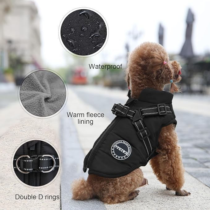 Dog Winter Coat,Warm Jacket Paded Fleece Pet Vest with Built in Harness, Windproof Reflective Cozy Adjustable Snow Pet Coat Clothes with Zipper for Small Medium Large Dogs