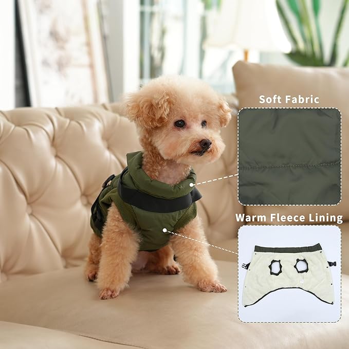 Dog Jacket with Harness,Fleece Lined Warm Puppy Coat for Winter,Soft Windproof Large Dog Vest,Green XXXL