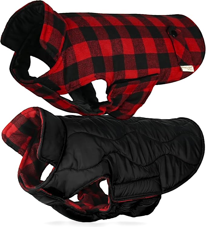 VIVAGLORY Softjoy Dog Coat, Dog Jacket for Winter & Christmas, Coat with Harness Hole & Velcro Closure, Reversible Plaid Checkered Warm Fluffy Heavy Duty for Puppy, XS, Red Black