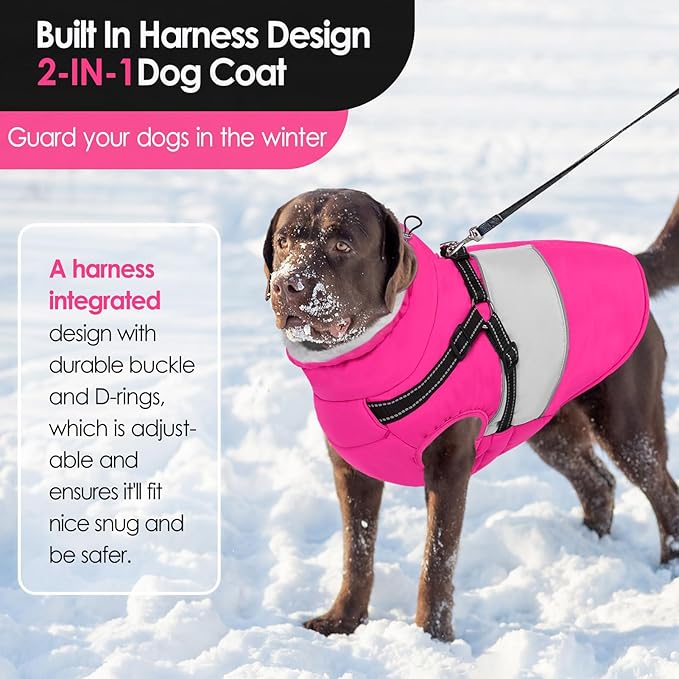 AOFITEE Dog Coat, Large Dog Jacket, Dogs Coat with Harness Built in, Reflective Waterproof Dogs Jackets Winter with Furry Collar, Warm Polar Fleece Pet Sweater Snowsuit for Doberman, Great Dane, XXL