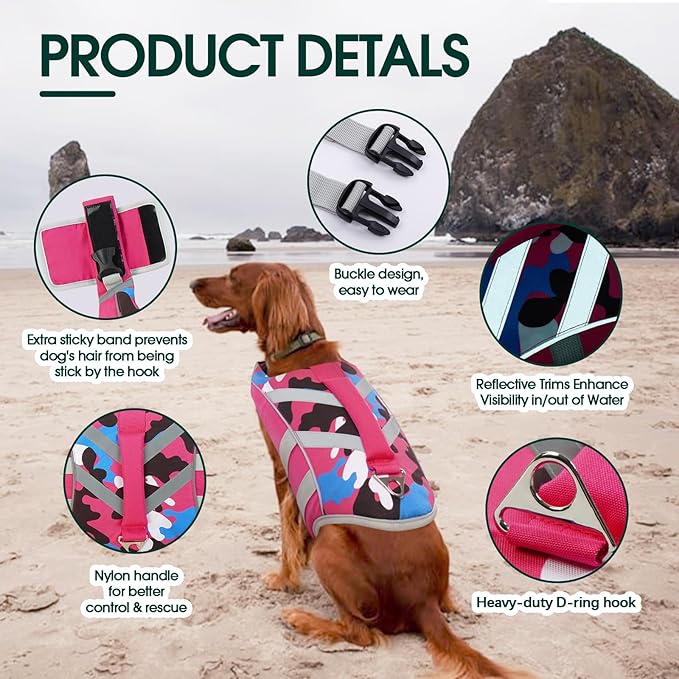 Kuoser Dog Life Jacket with Adjustable High Visibility Stripes - Ripstop Dog Lifesaver Pet Preserver with High Flotation Swimsuit for Small to Large Dogs