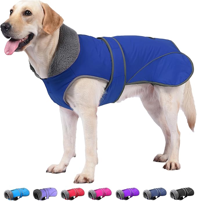 Dogcheer Dog Coat, Waterproof Dog Jacket Reflective Pet Winter Coat with Adjustable Hook & Loop, Christmas Puppy Fleece Jacket Warm Turtleneck Snowsuit for Small Medium Large Dogs - Blue, L