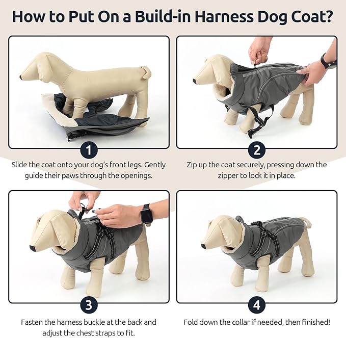 Dog Winter Coat with Harness Built in Warm Puffer Dog Jackets for Small Medium Large Dogs Windproof Waterproof Outfit with Plush Lining and Reflective Stripes (Grey, S)