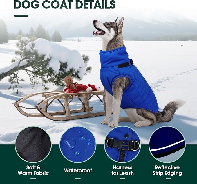 Kuoser Large Dog Winter Jacket Waterproof L with Harness | ·-30°C Rated·Storm Hood·Built-in Leash·Husky Fit·Extreme Weather Protection, Blue L