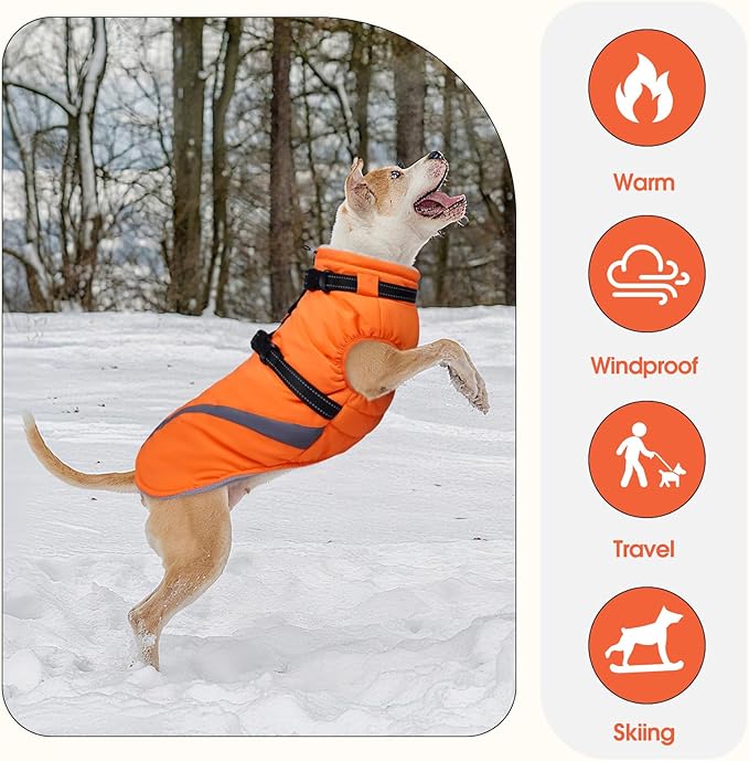 BRKURLEG Dog Winter Jackets for Medium Dogs, Dog Coat with Harness Built in, Dogs Snowsuits with Zipper, Waterproof Windproof Pet Puffer Jacket Fleece Vest for Pug, French Bulldog, Orange M