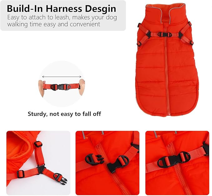 Geyecete Winter Warm Coat Waterproof Dog Winter Jacket with Harness Traction Belt,Windproof Pet Outdoor Jacket Dog Autumn-Orange-XL