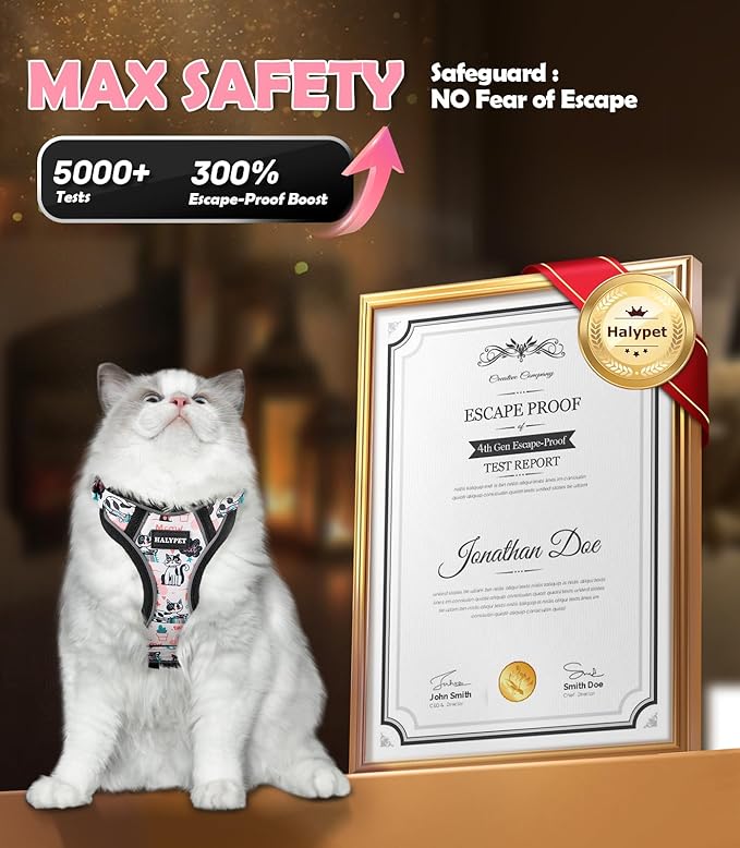 Halypet Cat Harness and Leash Set[MAX Safety 4th-Gen] Cute Escape Proof Vest Harness for Girl&Boy Cat Walking, Comfortable Adjustable Leash and Reflective Strips for Outdoor Kitten, XS Inky Meowy
