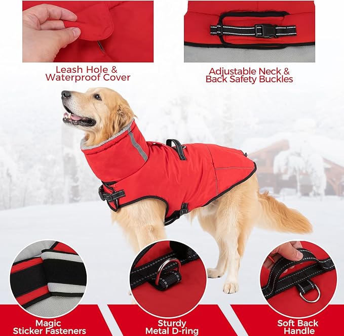 Mihachi Dog Coat for Small Dogs, Warm Dog Winter Coat Waterproof Dogs Jacket with Harness Built in Reflective Pet Fleece Vest, Puppy Cold Weather Coats Turtleneck & Windproof Dogs Snowsuit, Red S