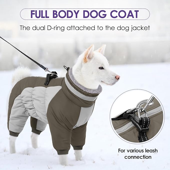 SUNFURA Full Body Dog Coat - Warm Fleece Jacket for Large Dogs, Turtleneck Winter Coats with Harness, Reflective Dog Snowsuit Windproof Puffer Jackets with Legs for Weimaraner, Army Green XL