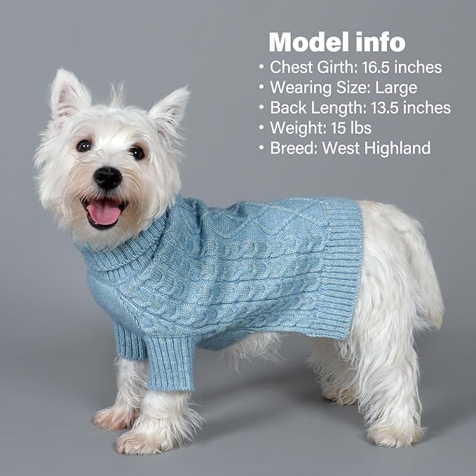 KYEESE Dog Sweater Warm Dogs Clothes with Classic Cable Knit Long Sleeve Knitwear Pet Coats, Soft Turtleneck Dog Sweater for Small Dogs, Blue, Small