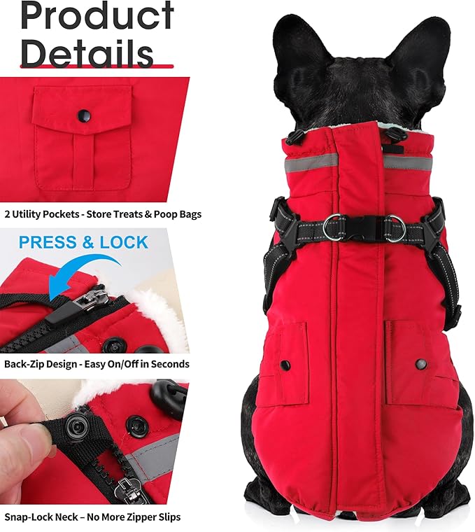 Dogcheer Dog Coat with Harness, Waterproof Warm Dog Winter Jacket with Pockets, Reflective Pet Fleece Jacket Turtleneck Snowsuit for Small Medium Large Dogs - Red, M