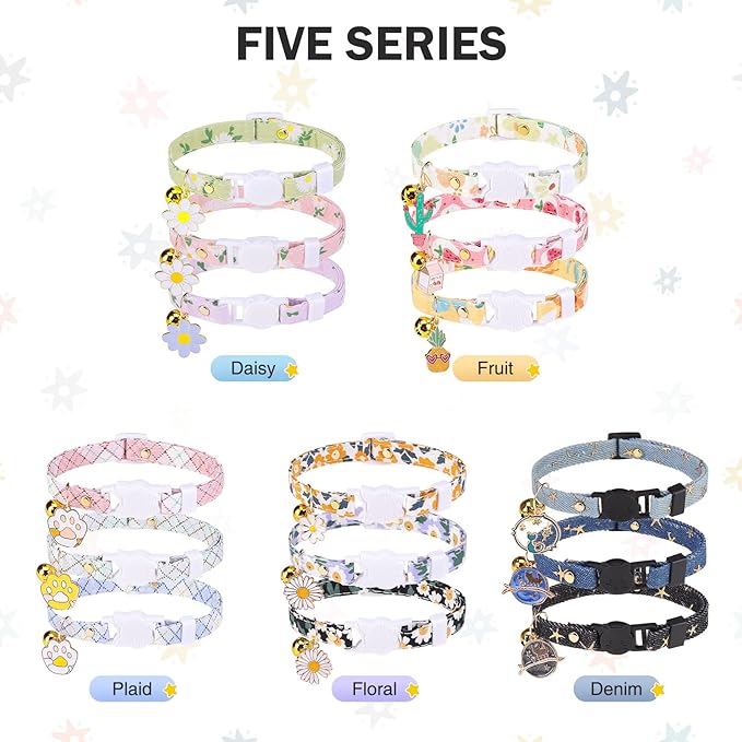 3 Pack Breakaway Cat Collars with Bell- Moon and Stars Pendant Cat Collar for Girl Boy Cats with Safety Buckle- Cute Kitten Collar Adjustable 8"-12" for Kitty Puppy Small Pets