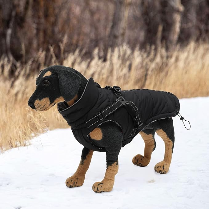 Geyecete Winter Warm Coat Waterproof Dog Winter Jacket with Harness Traction Belt,Pet Outdoor Jacket Dog Autumn and Winter Clothes for Medium, Small Dog-Black-S