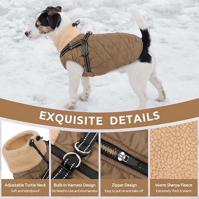Queenmore Dog Coat, Dog Coats for Small Dogs, Doggy Winter Jacket with Zipper On Back, Waterproof Pet Jacket with Harness Built in, Pet Puffer Coat for Bichon, Schnauzer, Yorkie, Brown S