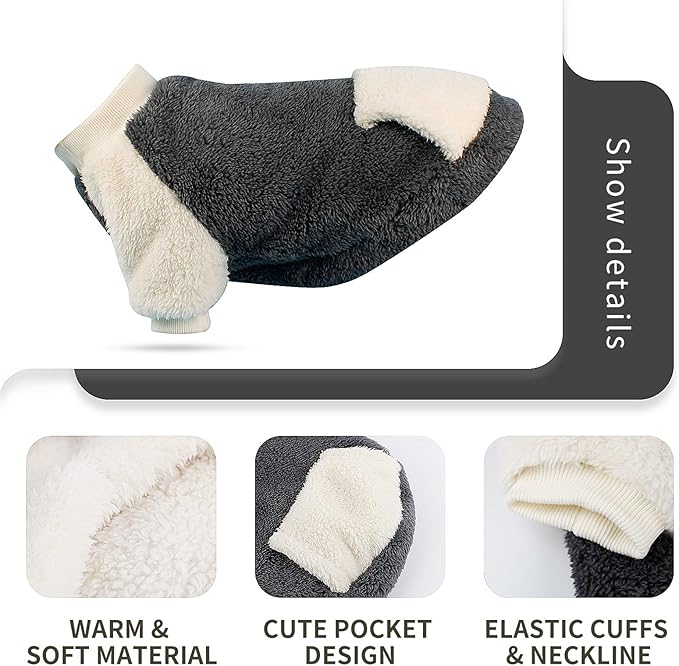 LESYPET Dog Sweater for Small to Medium Dogs, Fleece Lining Puppy Sweatshirt in Winter, Warm Puppy Clothes Pullover Jumper, Grey M