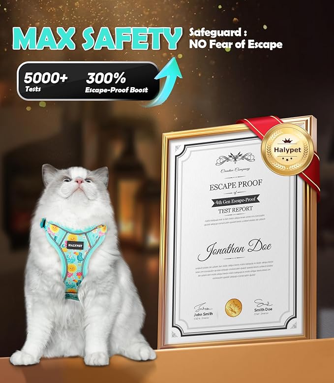 Halypet Cat Harness and Leash Set[MAX Safety 4th-Gen] Cute Escape Proof Vest Harness for Girl&Boy Cat Walking, Comfortable Adjustable Leash and Reflective Strips for Outdoor Kitten, M Green Tropics
