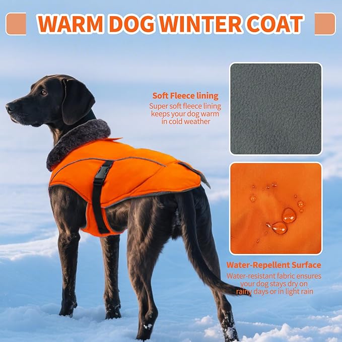 DENTRUN Large Dog Coat - Thick Fleece Lined Reflective Winter Jacket, Snap Closure & Leash Hole, Warm Thick Fleece Lined, Plush Turtleneck Vest for German Shepherd, Orange, XXL