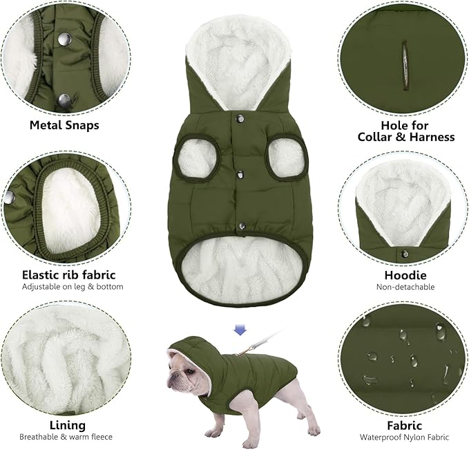 Fleece Hoodie, Windproof Waterproof Coat, Winter Warm Jacket, Cold Weather Pet Apparel Clothes Vest for Small Medium Large Dogs (XXL, Green)