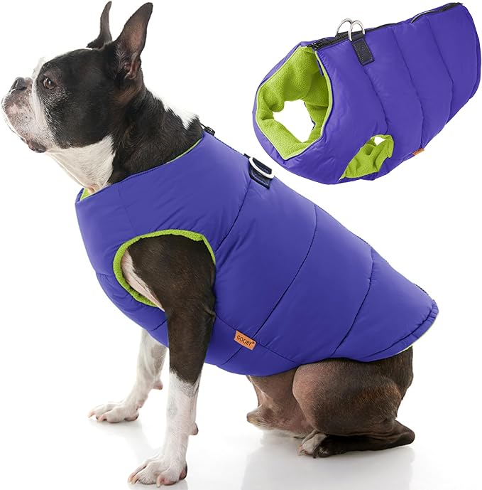Gooby Padded Vest Dog Jacket - Solid Purple, X-Small - Warm Zip Up Vest Fleece Jacket with Dual D Ring Leash - Water Resistant Sweater - Clothes for Small and Medium Dogs