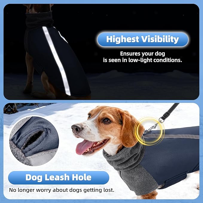 SlowTon Winter Dog Coat, Warm Polar Fleece Lining Doggie Outdoor Jacket with Turtleneck Scarf Reflective Stripe Adjustable Waterproof Windproof Puppy Vest Soft Pet Outfits (M+,Dark Blue)