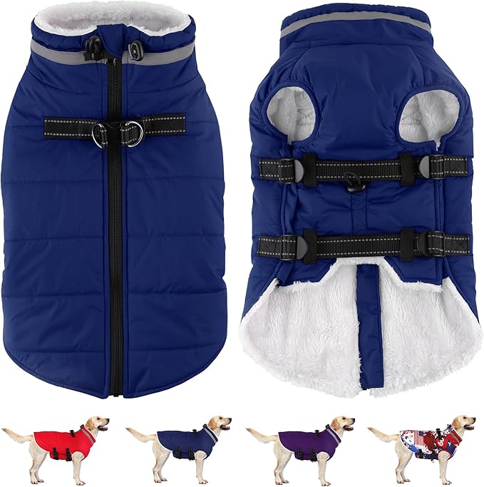 Dogcheer Dog Coat, Waterproof Dog Jacket with Harness, Reflective Adjustable Puppy Winter Coat with Zipper, Christmas Snow Jacket Clothes for Small Medium Large Dogs - Blue L