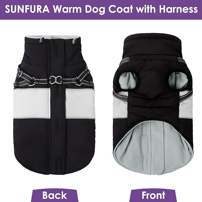 SUNFURA Dog Coat, XXL Dog Jacket Winter with Harness Built in, Waterproof Pet Snow Jacket with Furry Collar for Chilly Day, Reflective Fleece Snowsuit for Extra Large Dogs, Black 2XL