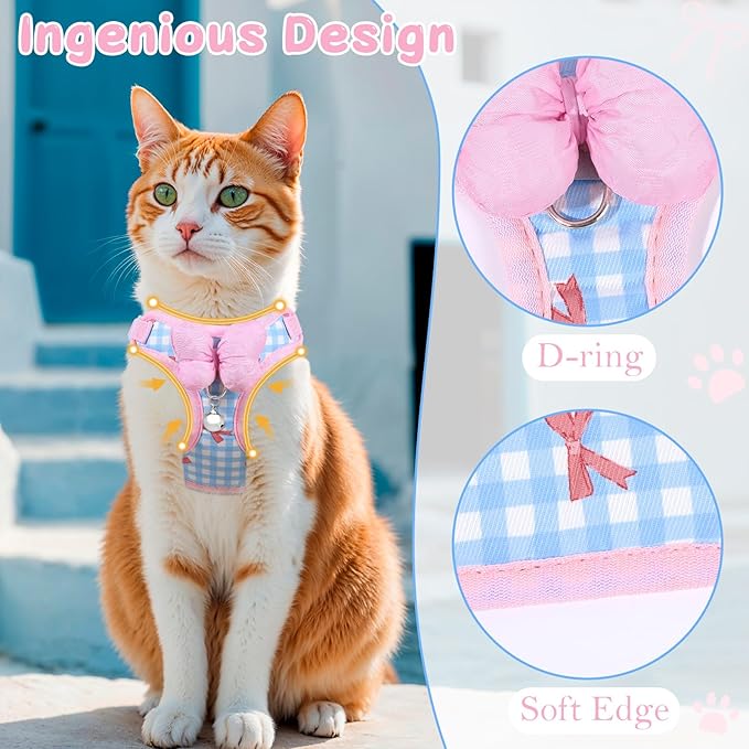Cat Vest Harness and Leash Set for Walking Escape Proof, Adjustable Kitten Harness and Leash Set Breathable Mesh with Bow Harness for Kitty Puppy Bunny（Pink Medium）