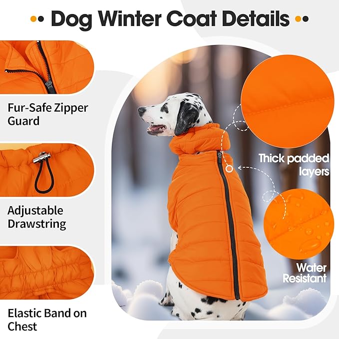 Large Dog Winter Coat with Back Zipper & Detachable Scarf, Waterproof Warm Dog Snow Jacket, Dogs Puffer Vest for Golden Retriever, German Shepherd, Orange 2XL