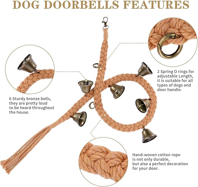 2 Pack Dog Bells for Door Potty Training, Handwoven Cotton Rope Dog Doorbell with 6 Extra Loud Bells, Adjustable Dog Door Bells for Small Medium Large Dogs to Ring to Go Outside, Brown