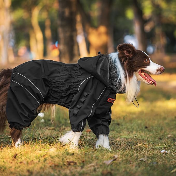 OneTigris Dog Raincoat with Hood for Medium Large Dogs, Waterproof & Reflective, 4 Legs Dog Rain Jacket Adjustable Puppy Poncho for The Rain and Snow (Black, X-Large)