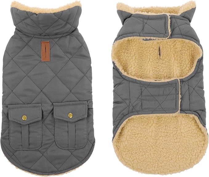 Dog Winter Coat for Medium Dogs, Puppy Plaid Jacket, Pet Coat for Cold Weather, Windproof Warm Dog Jackets, Pet Thickened Outfits Indoor Outdoor, Grey M