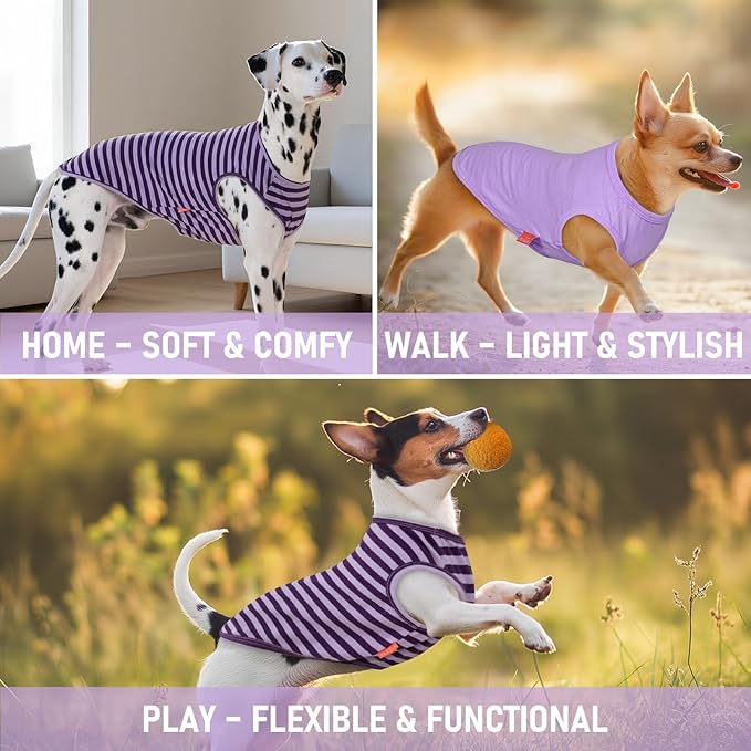 KYEESE 2Pack Dog Shirts for Small Dogs Boy Soft Pet Tee Breathable Striped T Shirt Lightweight Sleeveless Vest Cotton Tank Top Stretchy Clothes, Large,Purple+Striped