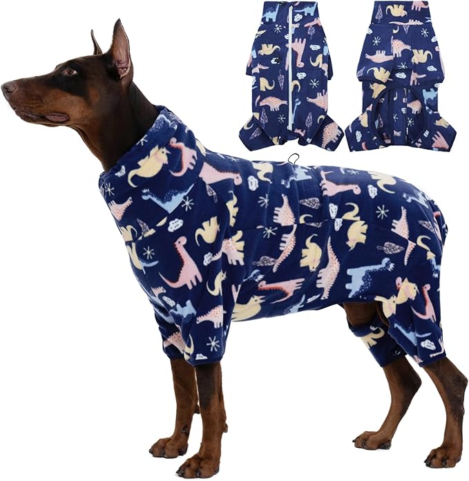 ROZKITCH Dog Clothes for Large Dogs Soft Fleece Pullover Pajamas, Pet Windproof Warm Cold Weather Jacket Vest with Reflective Zipper, Jumpsuit Apparel Outfit Clothes for Large Dog Dinosaur 2XL