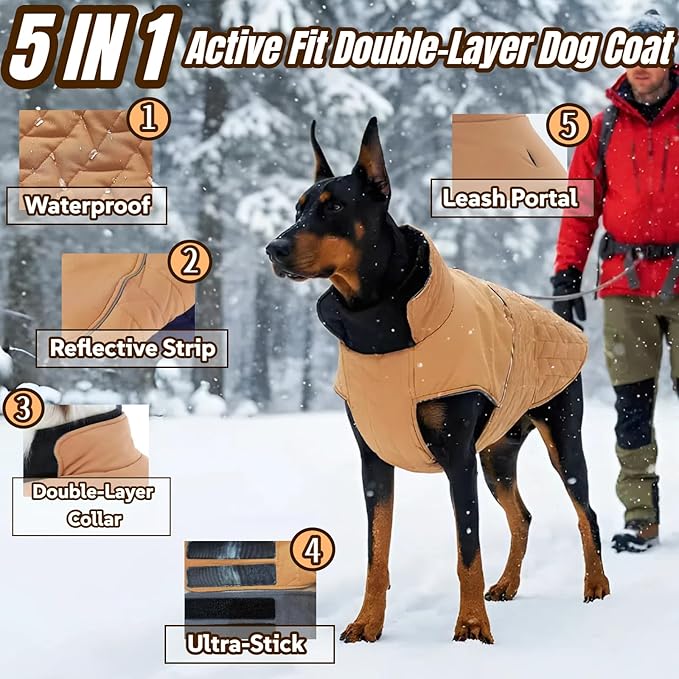 Upgraded Outdoor Classic Quilted Dog Winter Coat, Waterproof & Ultra Warmth Coat for Tiny Small Dogs, Easy On & Off Jacket with Adjustable Velcro, Thick Puppy Clothes for Chihuahua Yorkshire(Khaki,XS)