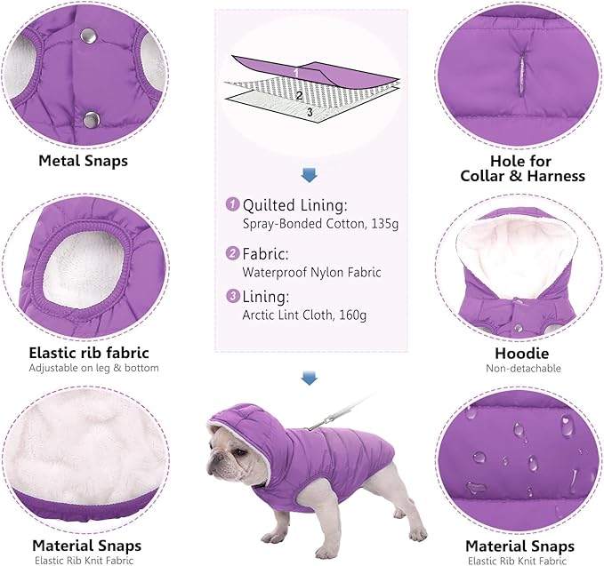 Dog Fleece Hoodie, Windproof Waterproof Dog Coat, Winter Warm DogsJacket, Cold Weather Pet Apparel Clothes Vest for Small Medium(M, Purple)