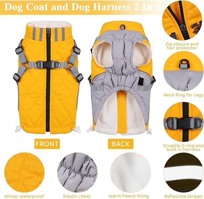 Gyuzh Dog Coat with Harness Dog Jacket Winter Waterproof Dog Coats Dog Harness Coat Cold Weather Winter Dog Coat with Harness Built in for Small Medium Large Dogs