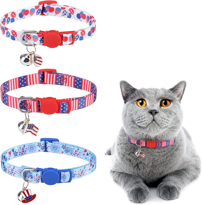 3 Pack Breakaway Cat Collars with Bell- 4th of July Cat Collar,Independence Holiday American Flag Kitty Collar for Girl Boy Cats with Safety Buckle- Cute Kitten Collar Adjustable 8"-12"