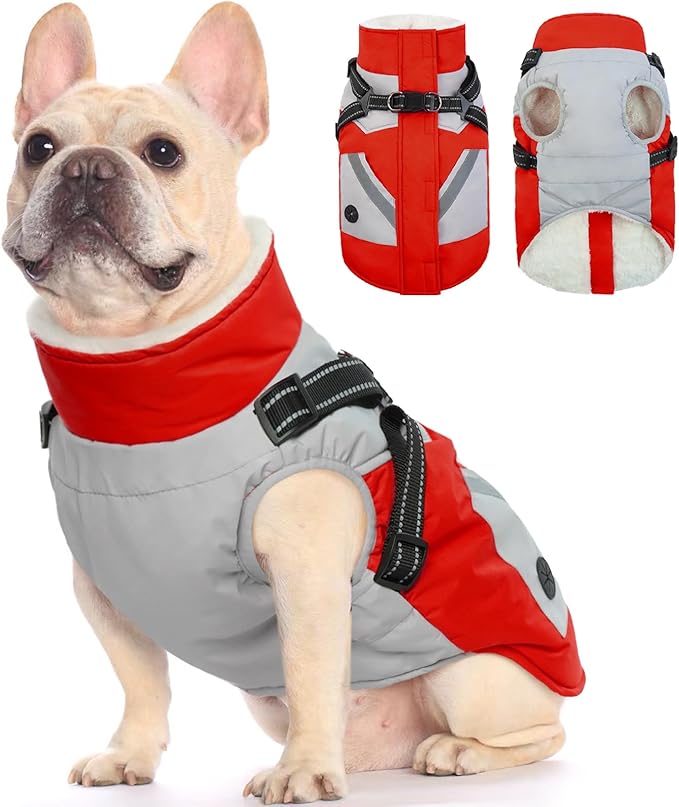 FUAMEY Dog Winter Jackets for Small Dogs,Dog Coat with Harness Built in,Waterproof Dogs Snowsuits Warm Pet Jacket Zip Up Fleece Cold Weather Coats Reflective Puppy Vest with Pocket Red S