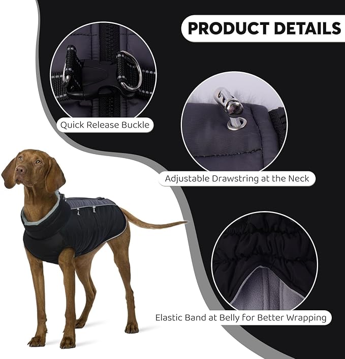 IDOMIK Warm Dog Coat with Harness, Waterproof Reflective Dog Jackets for Small Medium Large Dogs, Fleece High Collar Winter Jacket with Zipper, Pet Winter Snowsuit Clothes for Cold Weather,Black 3XL