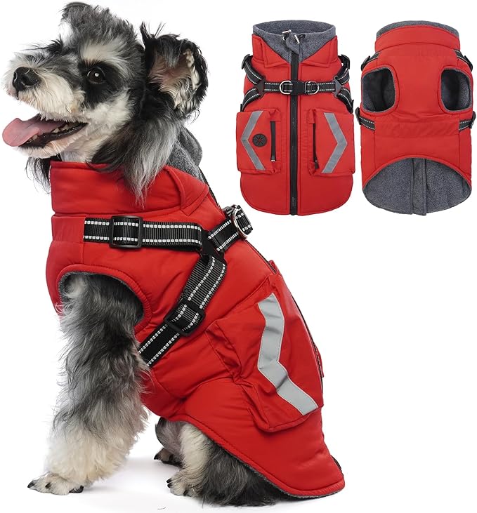 FUAMEY Small Dog Winter Coat with Harness Built in, Fleece Lined Dog Jacket Turtleneck, Pet Vest with Pockets, Back Zipper Puppy Winter Clothes, Doggy Cover for Cold Weather, Shih Tzu (Red, S)