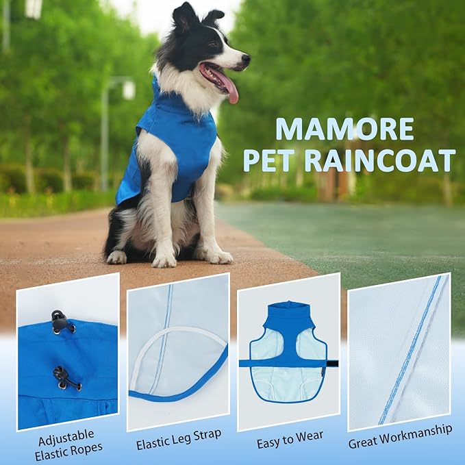 Waterproof Dog Raincoat, Adjustable Lightweight Dog Rain Jacket with Reflective Strip Leash Hole for Small Medium Large Dogs (Blue, Large(22-37lb))