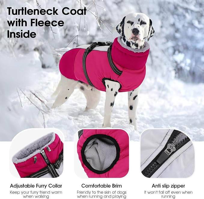 SUNFURA Dog Coat, Dog Jacket for Large Dogs with Harness Built in, Warm Pet Winter Coat Zip Up Snow Jacket with Furry Collar for Boston Terrier, French Bulldogs, Hot Pink L