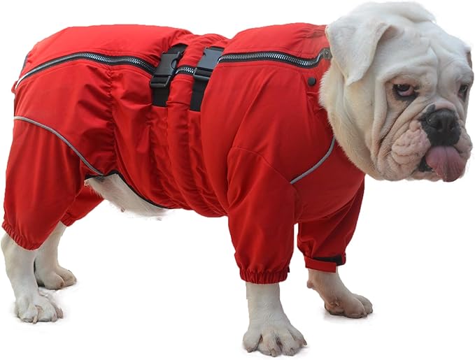 Dogs Waterproof Jacket, Lightweight Waterproof Jacket Reflective Safety Dog Raincoat Windproof Snow-Proof Dog Vest for Pugs English French Bulldog American Pit Bull Red B-L