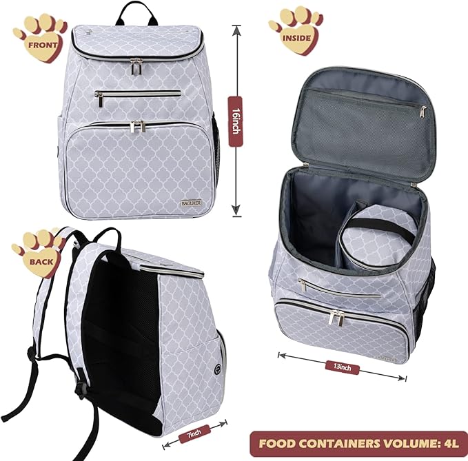 BAGLHER Dog Travel Bag Backpack, Airline Approved Pet Supplies Backpack, Dog Travel Backpack with 2 Silicone Collapsible Bowls and 2 Food Baskets DLWhite