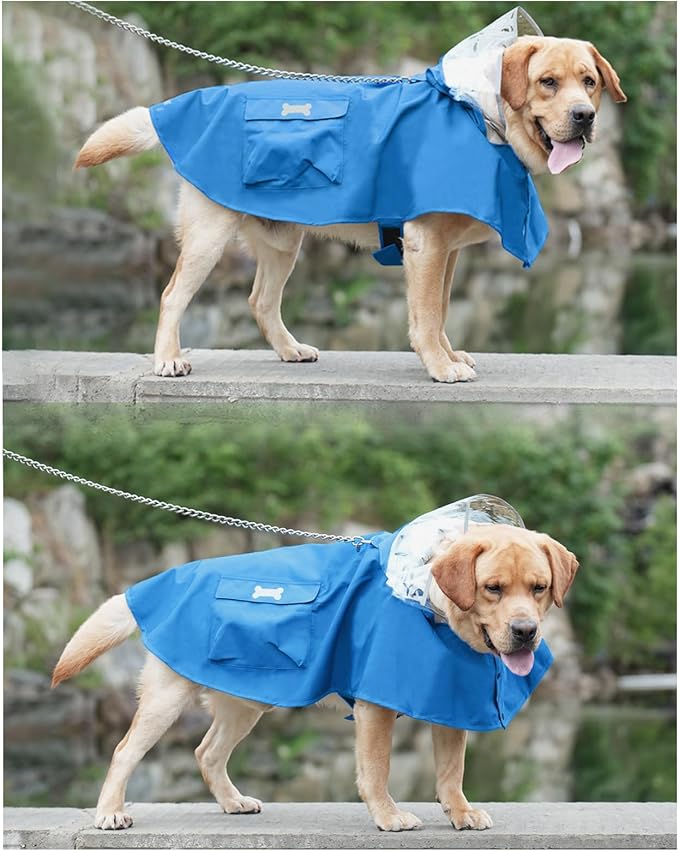 Dog Raincoat Waterproof, Adjustable Reflective Hooded Dog Rain Poncho with Leash Hole for Small Medium Large Dogs (Blue, XX-Large)