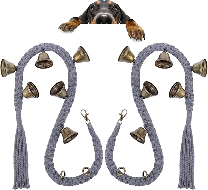 2 Pack Dog Bells for Door Potty Training, Handwoven Cotton Rope Dog Doorbell with 6 Extra Loud Bells, Adjustable Dog Door Bells for Small Medium Large Dogs to Ring to Go Outside, Grey