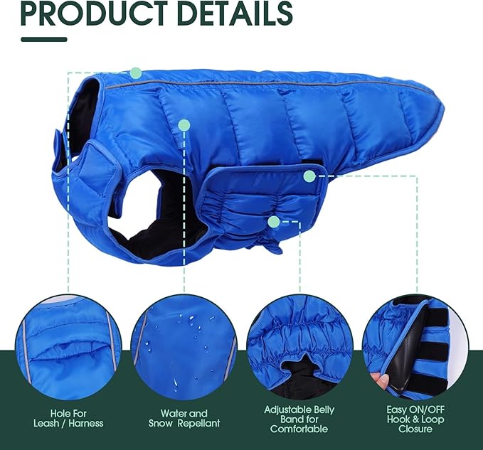 Kuoser Dog Puffer Jacket Warm Dog Coat for Small Medium Dogs, Windproof Reflective Pet Padded Vest Cold Weather Clothes Puppy Snowsuit with Hook & Loop Coats, Easy On/Off, Blue M
