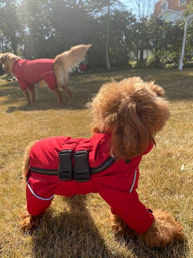 Dogs Waterproof Jacket, Lightweight Waterproof Jacket Reflective Safety Dog Raincoat Windproof Snow-Proof Dog Vest for Small Medium Large Dogs Red L