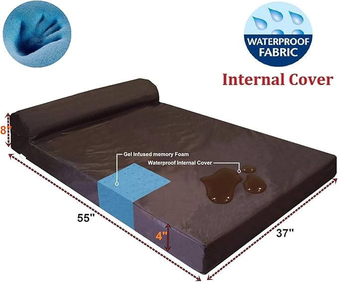 Dogbed4less Premium HeadRest Pillow Orthopedic Cool Memory Foam Dog Bed for Large Dogs, Waterproof Lining with Washable Suede Grey Cover, XXL 55X37X4